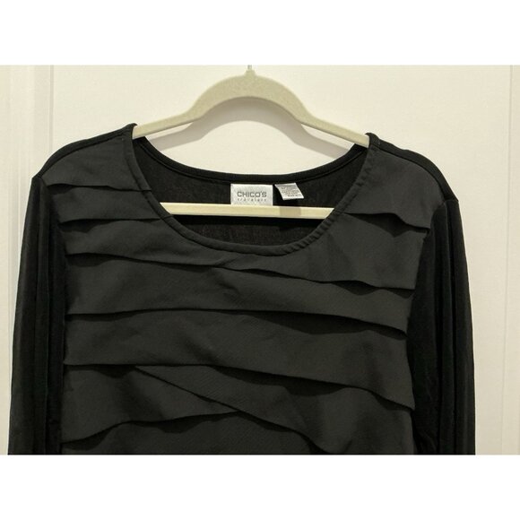 Chicos Travelers Blouse Size 3 (XL) Black Cascading Ruffles Front 1/2 Sleeve - Picture 2 of 5